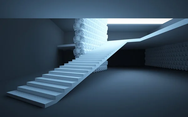 Абстрактный интерьер с лестницами и стенами из человеческих черепов — стоковое фото