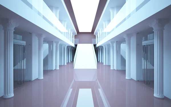 Centro commerciale interno astratto con colonne classiche e scale — Foto Stock