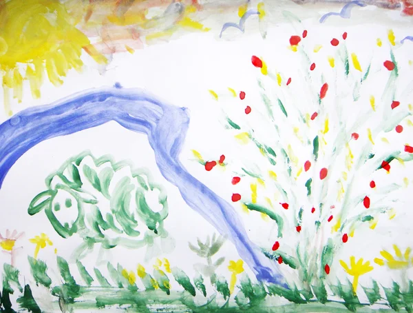 Criança está desenhando uma paisagem com uma árvore — Fotografia de Stock