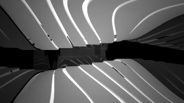 Vol du placement de la caméra virtuelle avec des murs noirs brillants avec plancher blanc et plafond structurel . — Video
