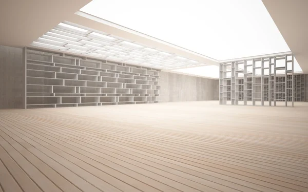 Abstrakt interiör. eleganta vita hyllor mot betong och trä — Stockfoto