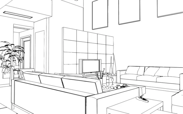 Ilustração de um esboço esboço de um interior. Desenho gráfico 3D interior — Fotografia de Stock