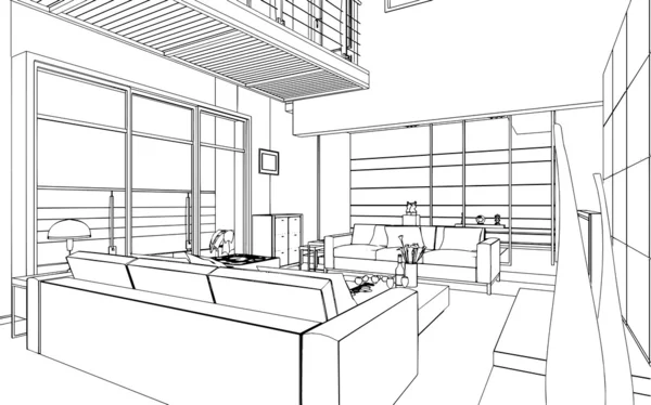 Illustration of an outline sketch of a interior. 3D Graphical drawing interior — Stock Photo, Image