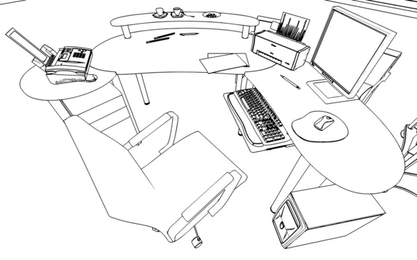 Ilustracja kontur szkic wnętrza. 3D graficznego rysunków wnętrz — Zdjęcie stockowe