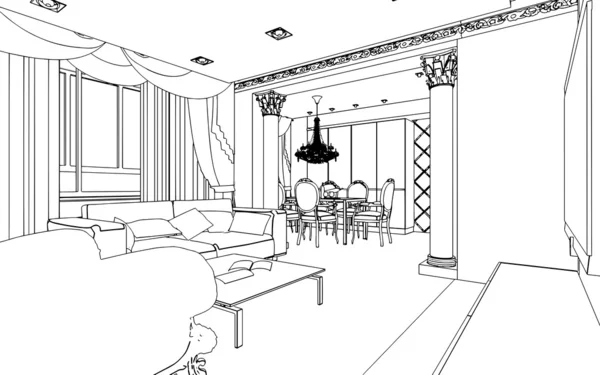 Illustration of an outline sketch of a interior. 3D Graphical drawing interior — Stock Photo, Image