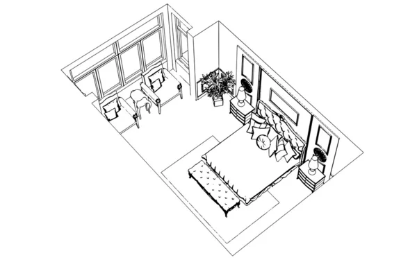 흑백 그래픽에서 디자인 클래식 침실 인테리어 — 스톡 사진