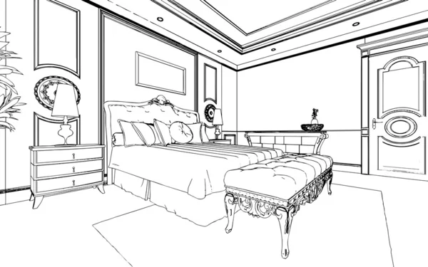 Classic bedroom interior designed in black and white graphics — Stock Photo, Image