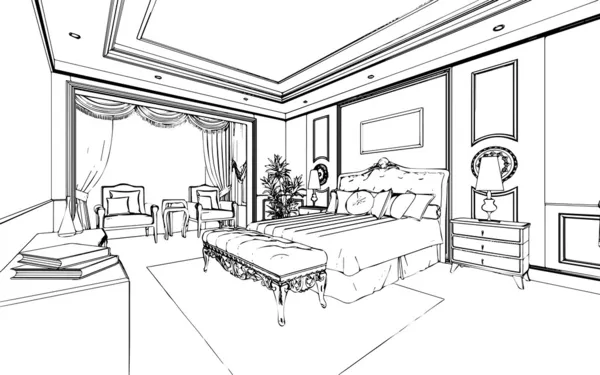 Classic bedroom interior designed in black and white graphics — Stock Photo, Image