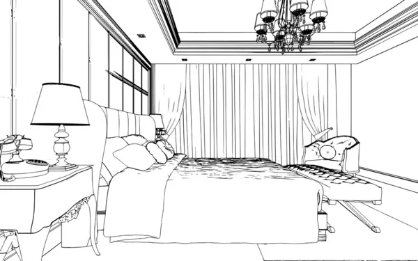 经典的卧室室内设计在黑色和白色的图形 — 图库照片