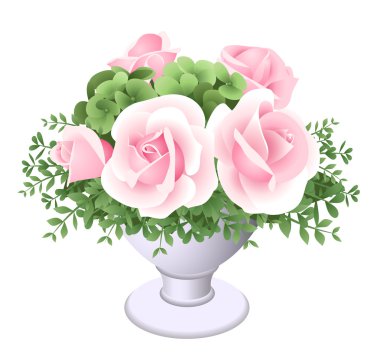 Bouquet of pink roses in vase. Vector illustration.