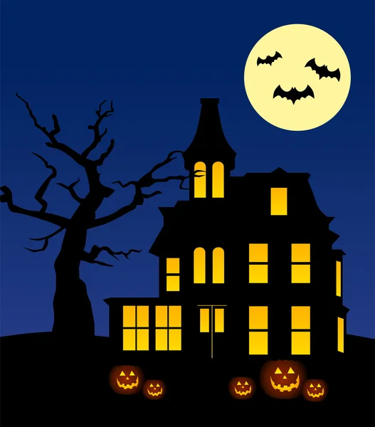 Будинок з привидами на Хелловін з деревом і гарбузами. Векторні ілюстрації . — стоковий вектор