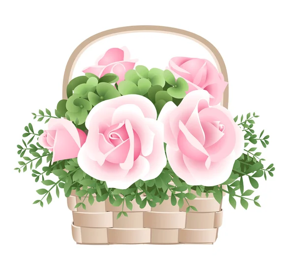Pink roses in basket. Vector illustration — 스톡 벡터