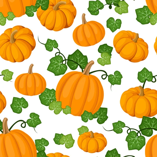 Motif sans couture avec citrouilles orange et feuilles vertes. Illustration vectorielle . — Image vectorielle