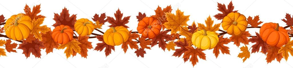 Horizontal seamless background with pumpkins and autumn maple leaves. Vector illustration.