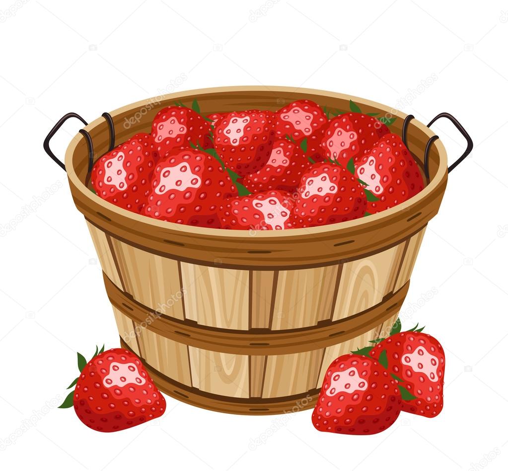 Wooden basket with strawberry. Vector illustration.