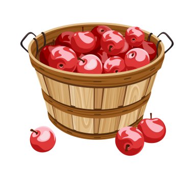 Wooden basket with red apples. Vector illustration.