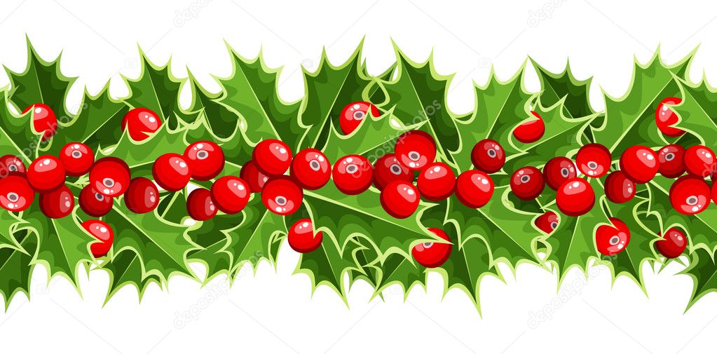 Horizontal seamless background with Christmas holly. Vector illustration.