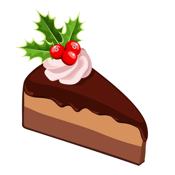 Piece of Christmas chocolate cake with cream and holly. Vector illustration. — Stock vektor