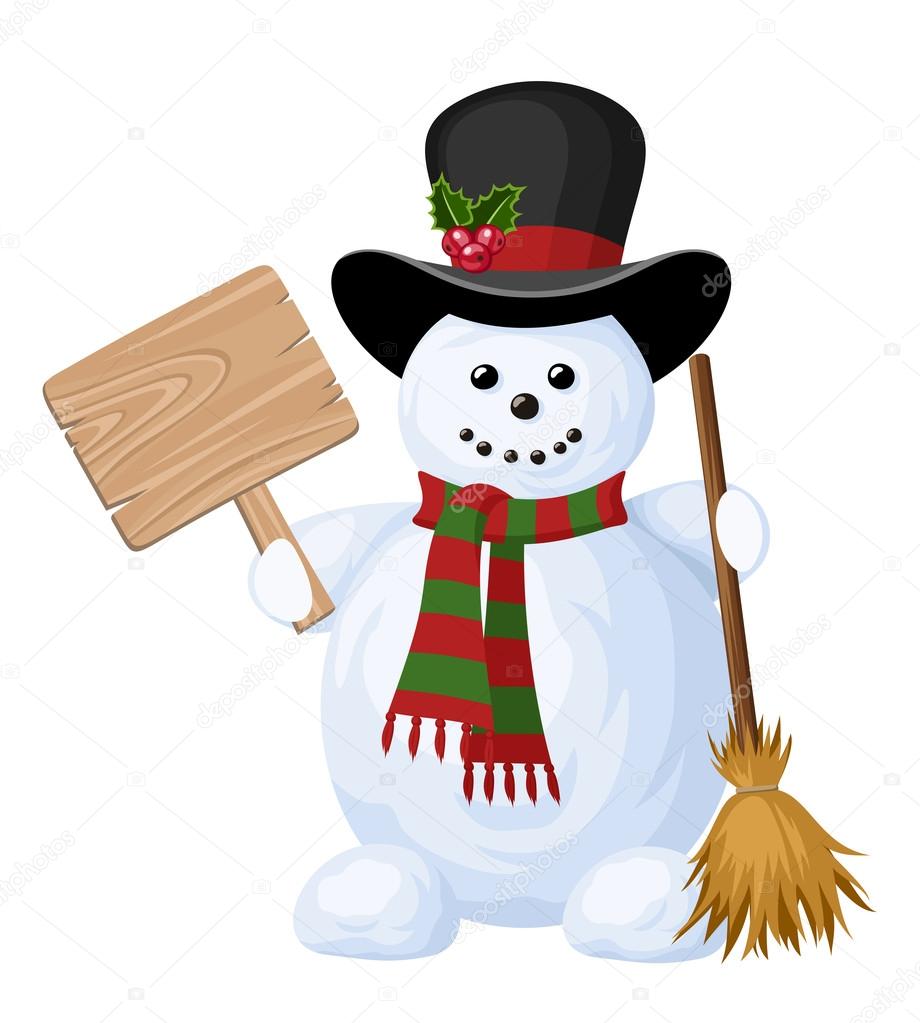 Christmas snowman with sign. Vector illustration.