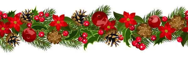 Christmas horizontal seamless background with fir-tree branches, cones, poinsettia and holly. — Stock Vector