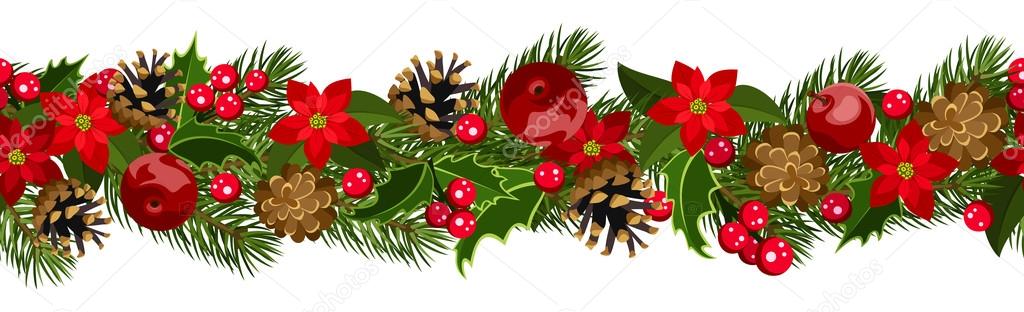 Christmas horizontal seamless background with fir-tree branches, cones, poinsettia and holly.