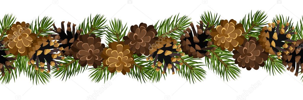 Vector horizontal seamless background with fir tree branches and cones.