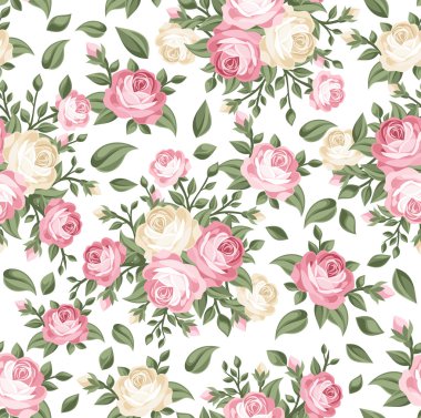 Seamless pattern with pink and white roses. Vector illustration. clipart