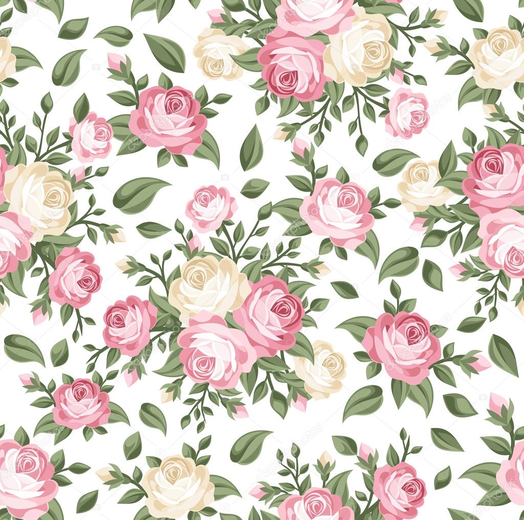 Seamless pattern with pink and white roses. Vector illustration.