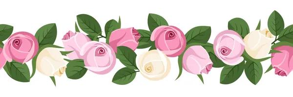 Vector horizontal seamless background with pink and white rose buds. — Stock Vector