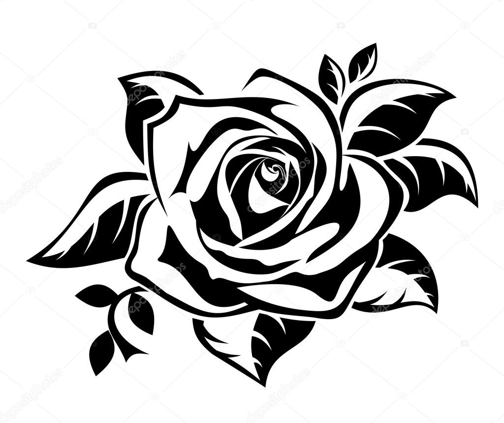Black silhouette of rose with leaves. Vector illustration.