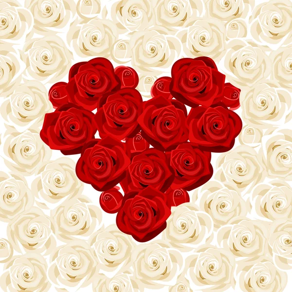 Corazón de rosas rojas sobre rosas blancas. Ilustración vectorial . — Archivo Imágenes Vectoriales