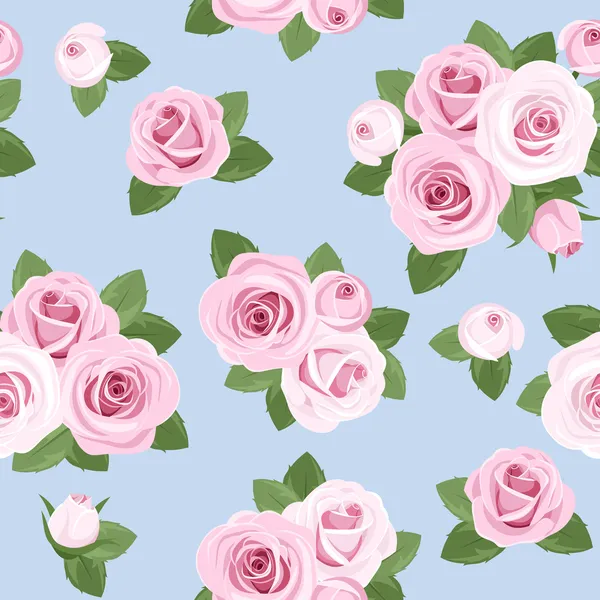 Nahtloser Hintergrund mit rosa Rosen auf blau. Vektorillustration. — Stockvektor