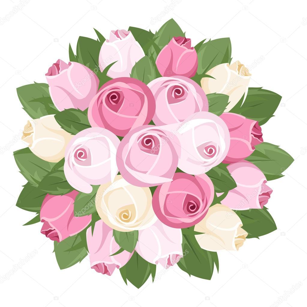 Bouquet of pink and white rose buds. Vector illustration.