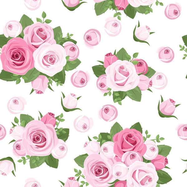 Nahtloser Hintergrund mit rosa Rosen auf weißem Hintergrund. Vektorillustration. — Stockvektor