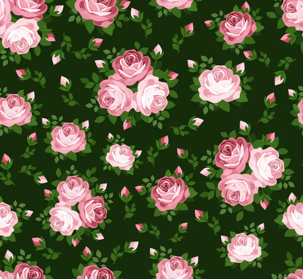 Nahtloses Muster mit rosa Rosen auf grün. Vektorillustration. — Stockvektor