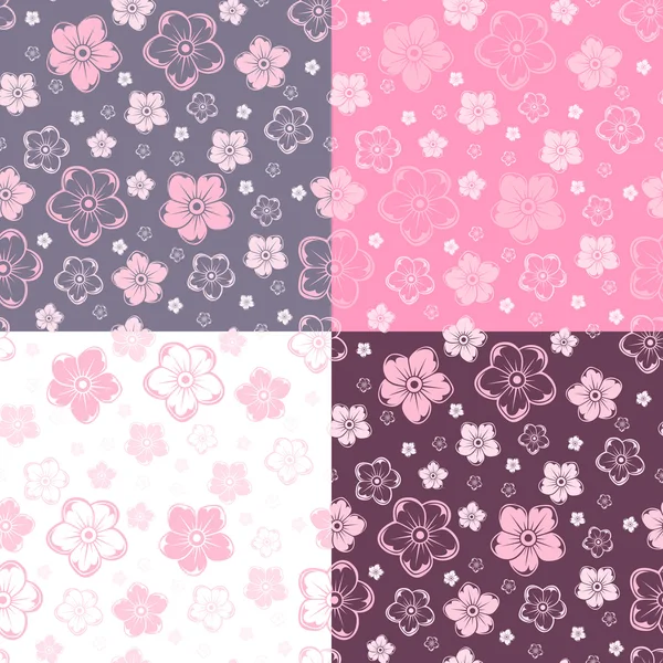 Conjunto de cuatro patrones sin costura con flores. Ilustración vectorial . — Archivo Imágenes Vectoriales