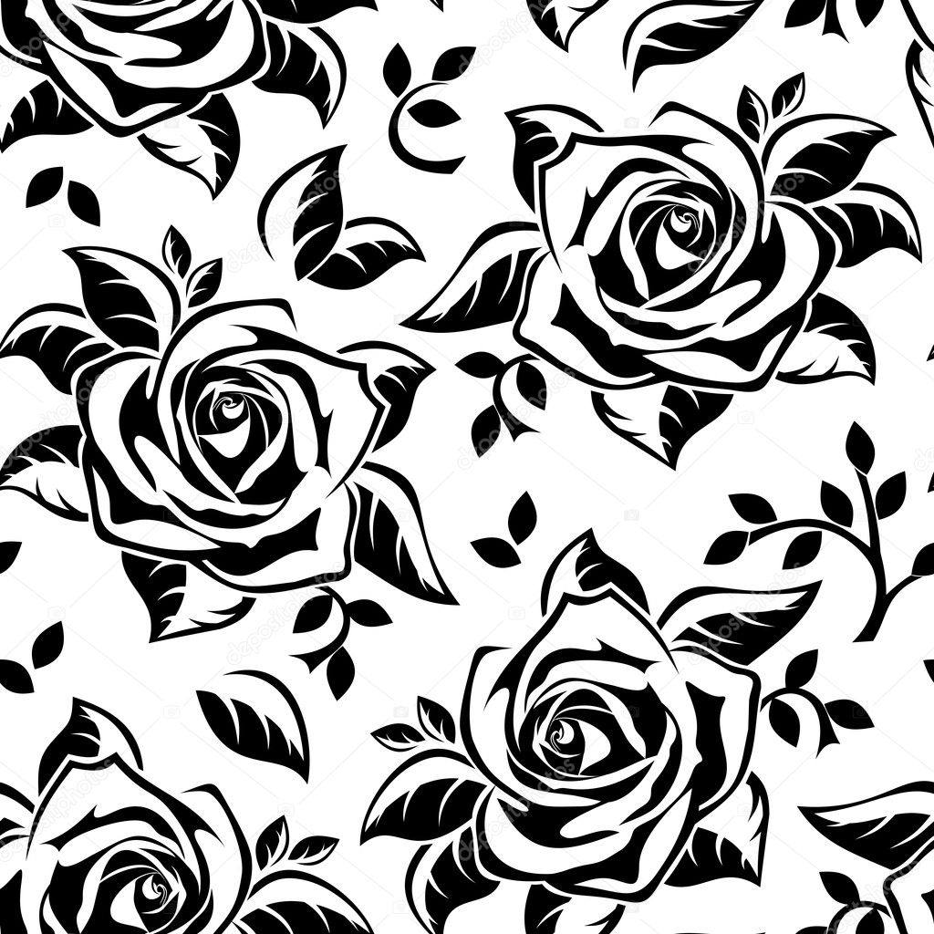 Seamless pattern with black silhouettes of roses. Vector illustration.