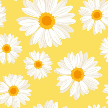Seamless background with daisy flowers on yellow. Vector illustration. clipart