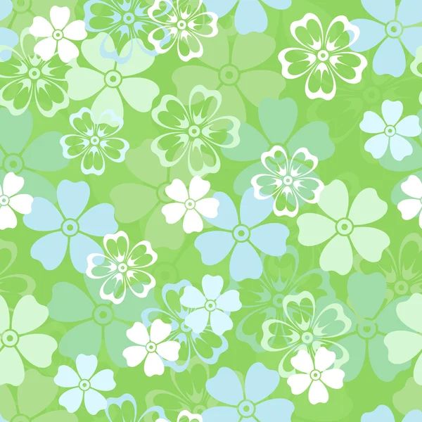 Patrón sin costura vectorial con flores blancas, azules y verdes . — Vector de stock