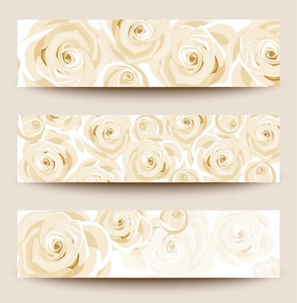 Set of three vector banners with white roses. — Stock Vector