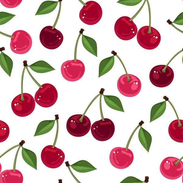 Vector seamless pattern with ripe cherries and leaves on a white background. — Stock Vector