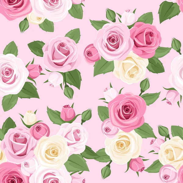 Motif vectoriel sans couture avec des roses roses et blanches sur un fond rose. — Image vectorielle