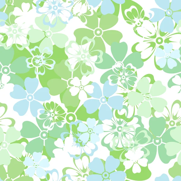 Patrón sin costura vectorial con flores blancas, azules y verdes . — Vector de stock