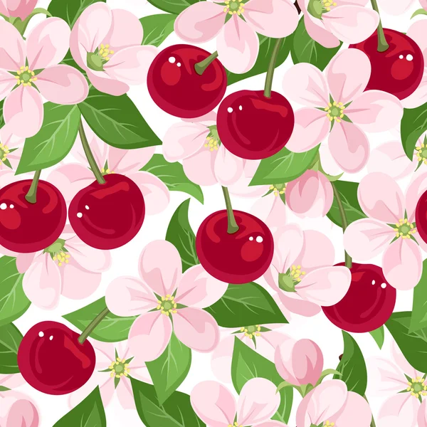 Vector seamless pattern with cherry berries and flowers. — Stock Vector