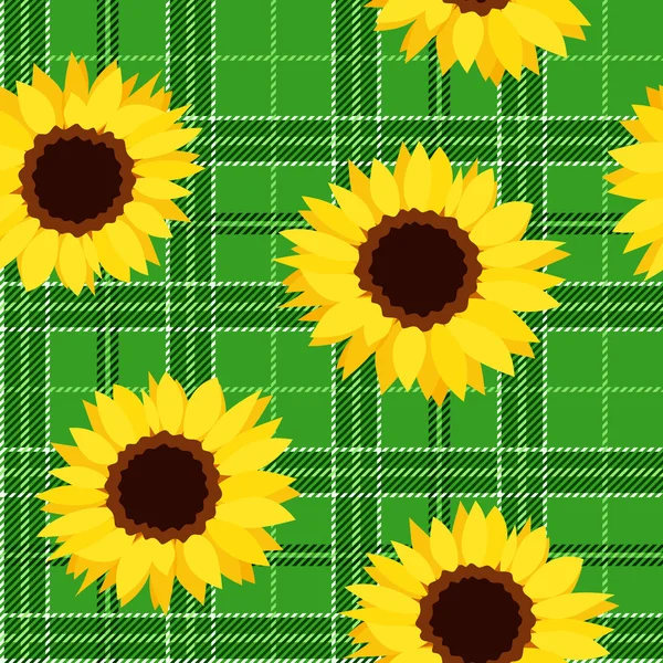 Naadloze patroon met zonnebloemen op groene tartan achtergrond. vectorillustratie. — Stockvector