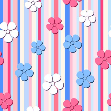 Vector seamless pattern with flowers on a striped background.
