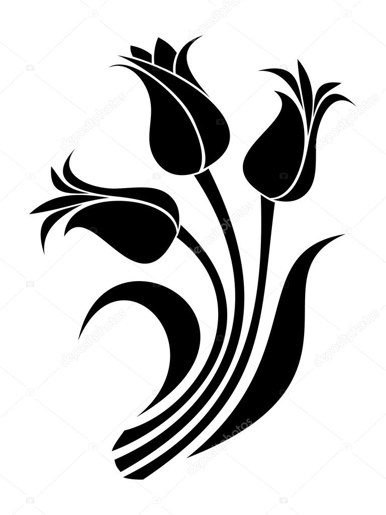 Black silhouettes of tulips. Vector illustration.