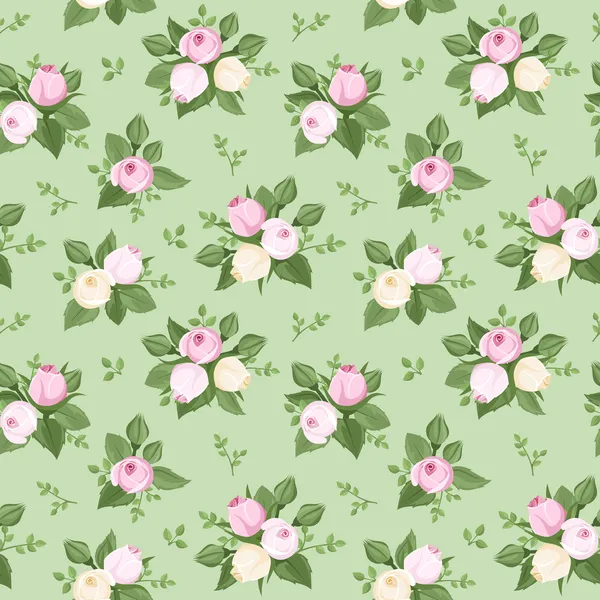 Patrón sin costura vectorial con brotes de rosa y hojas en verde . — Vector de stock