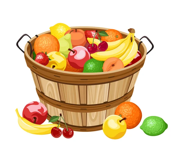 Wooden basket with various fruits. Vector illustration. — Stock Vector