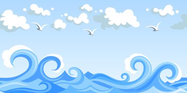 Sea waves and clouds. Vector horizontal seamless landscape.